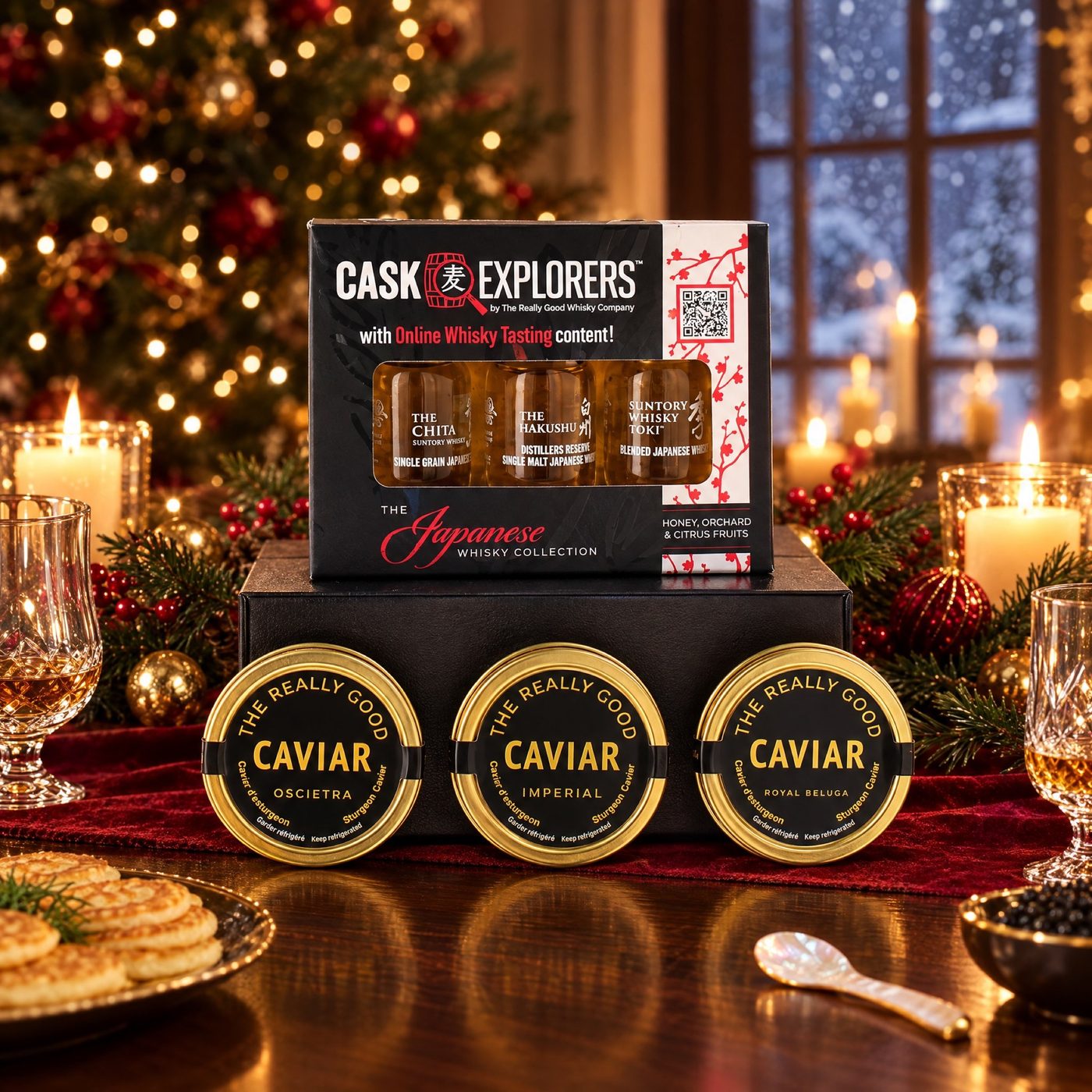 Three 30g tins of The Really Good Caviar with a Japanese whisky tasting set on a Christmas table