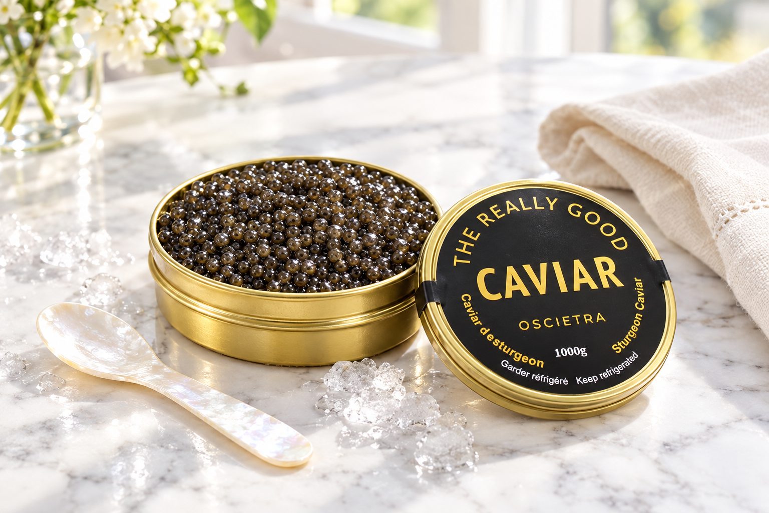 An open tin of Oscietra caviar with its lid beside it