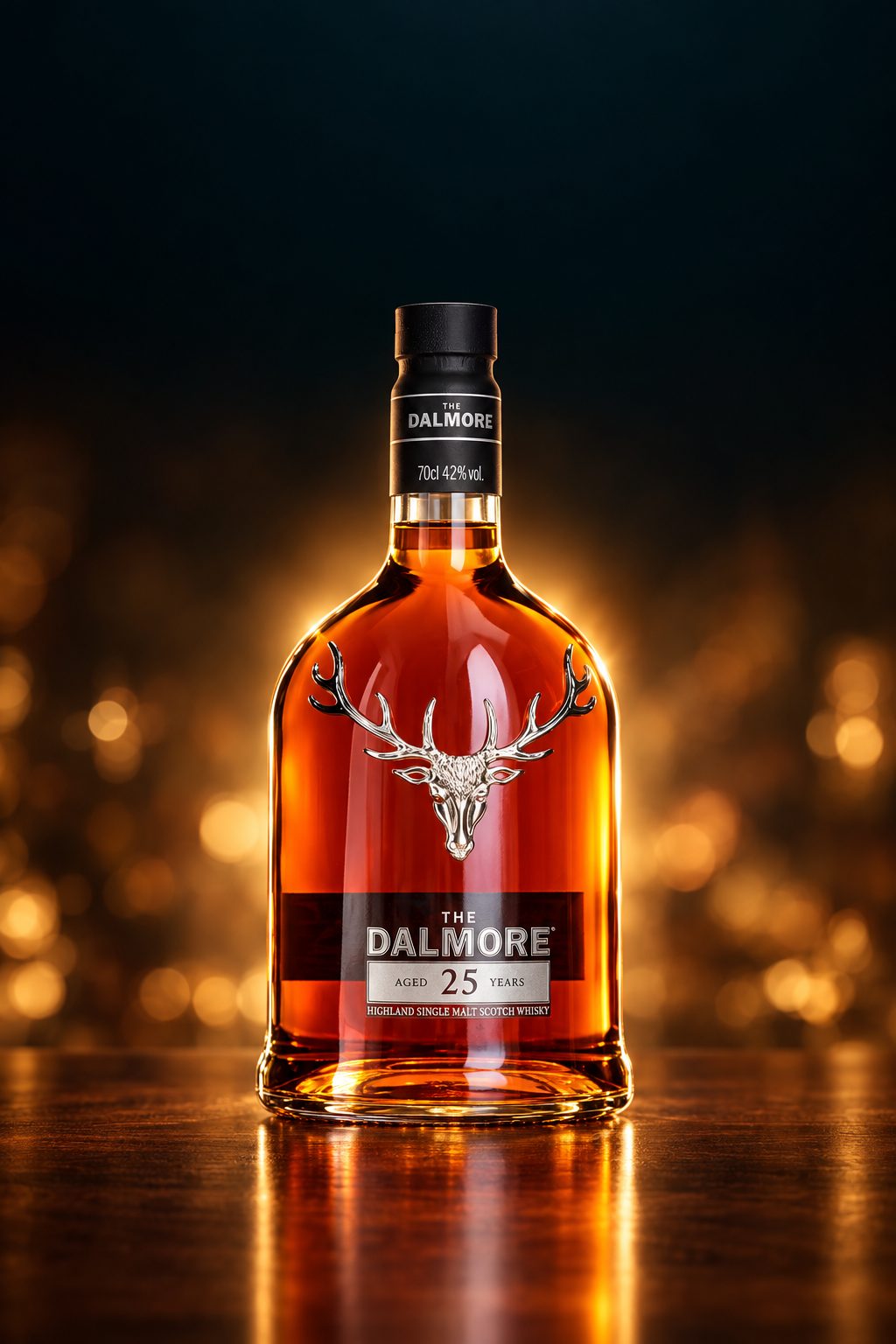 A bottle of The Dalmore 25 Year Old lit in warm gold light