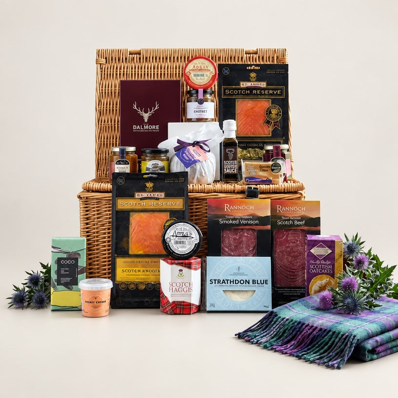 The Scottish Gourmet Hamper: a wicker basket with The Dalmore 12, smoked salmon, cheeses, chutneys and a tartan throw