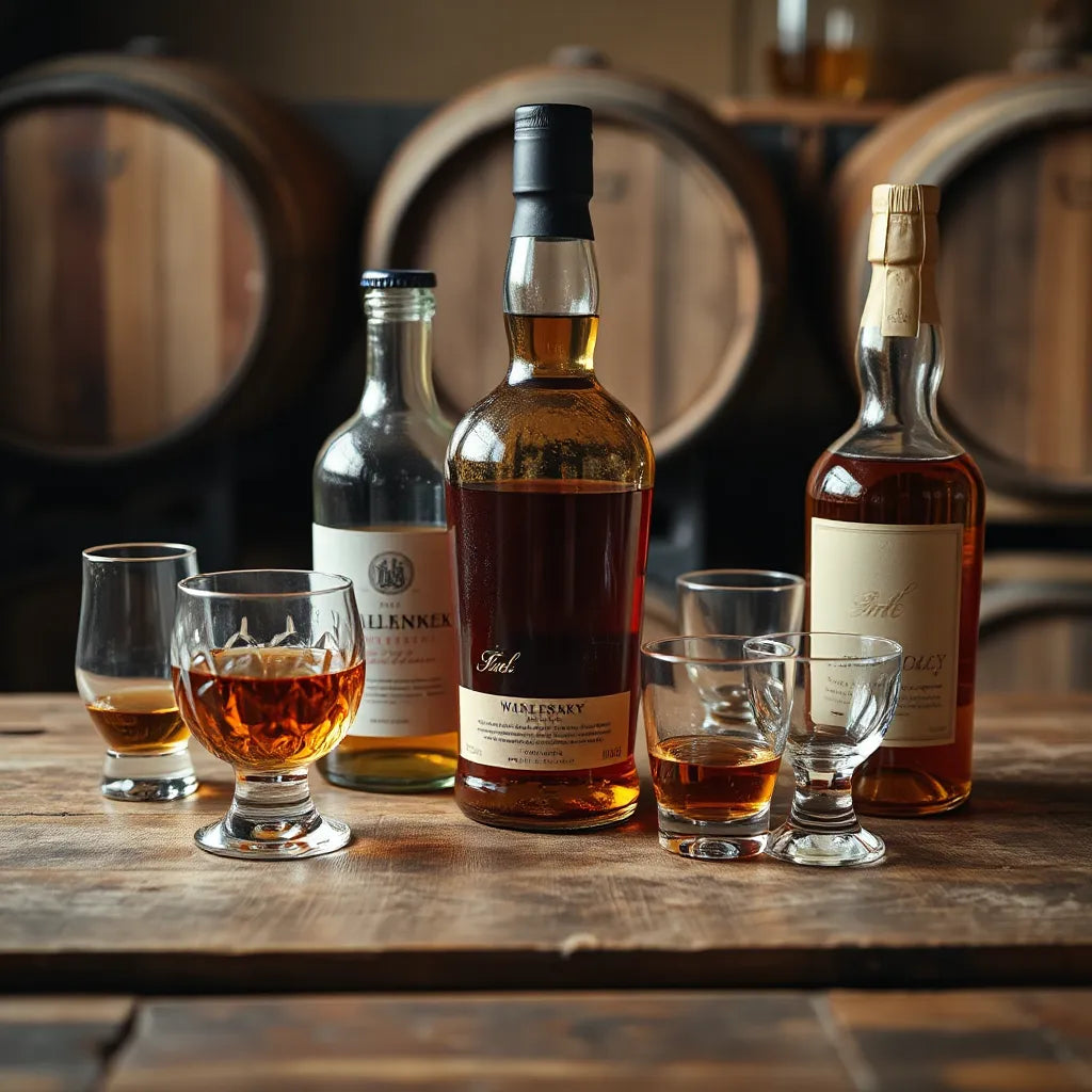 Amber whisky dram in a cut-glass tumbler with warm light, whisky bottle, and tasting glasses on a wooden table
