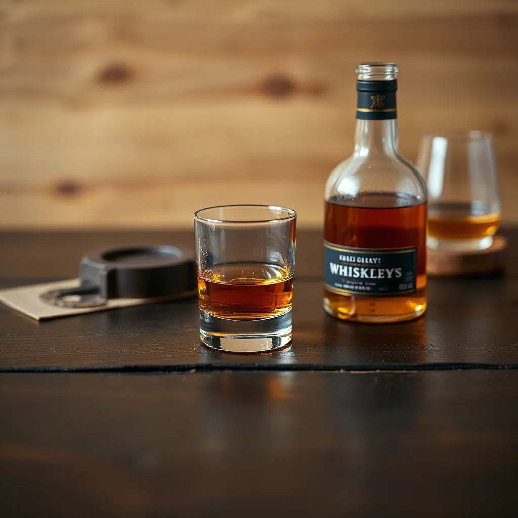 Amber Scotch whisky dram in a glass beside a bottle on a warm wooden table