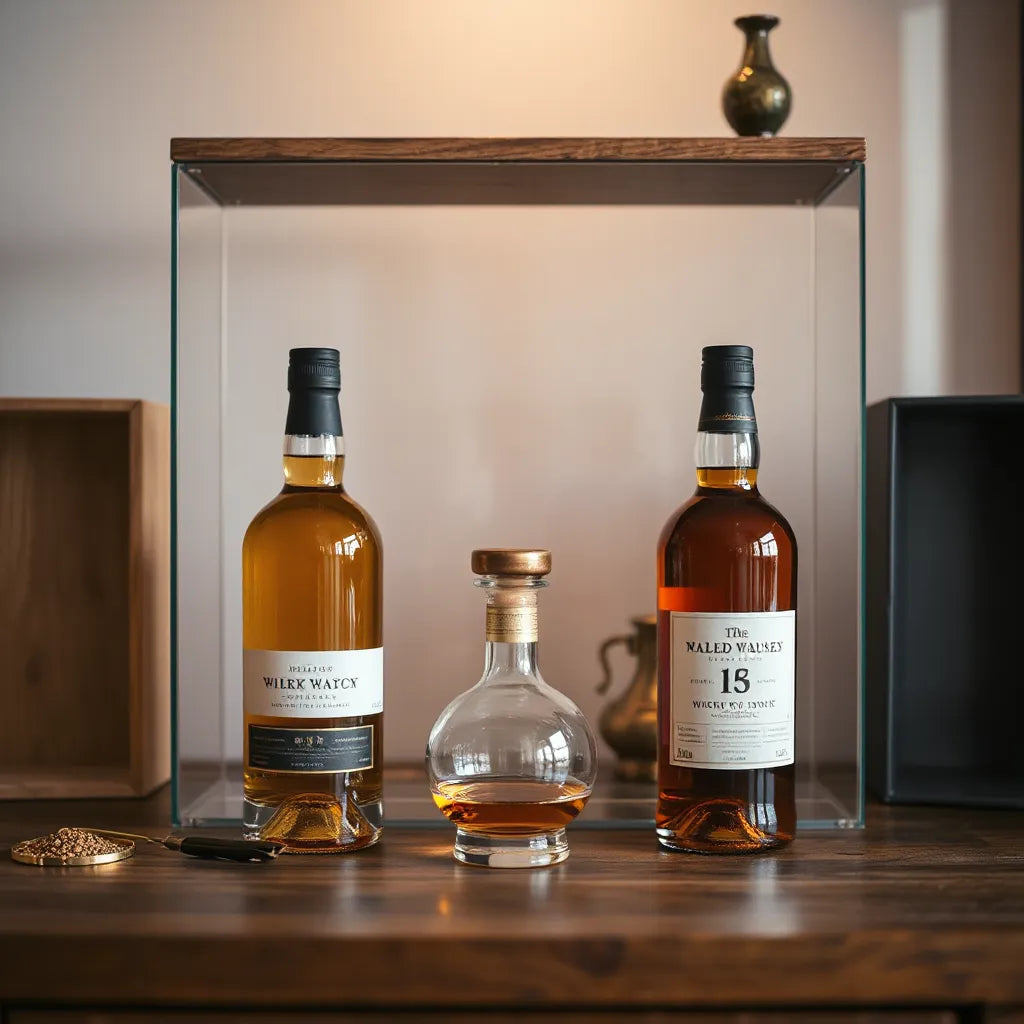 Amber whisky bottles displayed on a wooden shelf under warm lighting