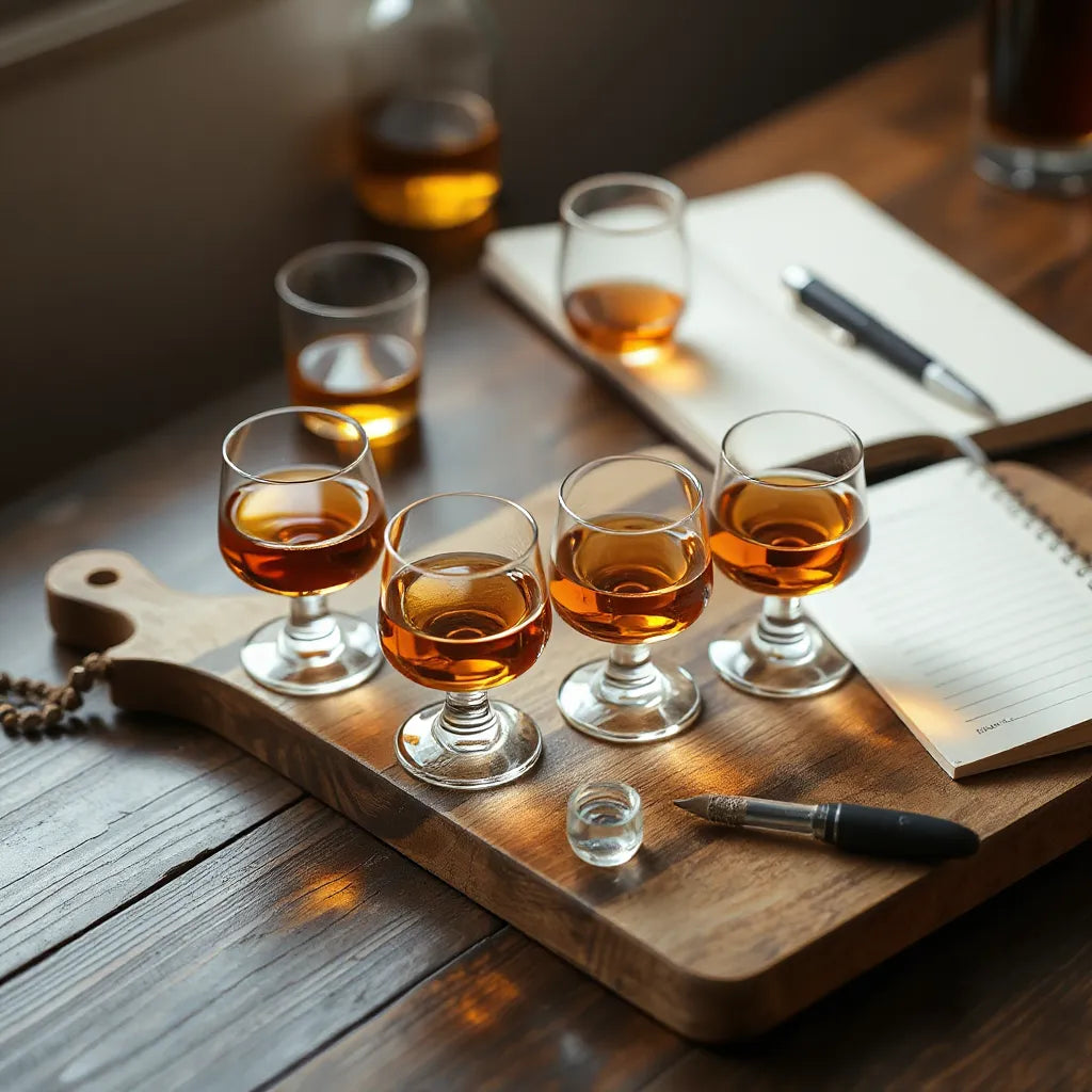 Three tulip glasses of amber single malt on a dark oak table with a tasting notebook and pen