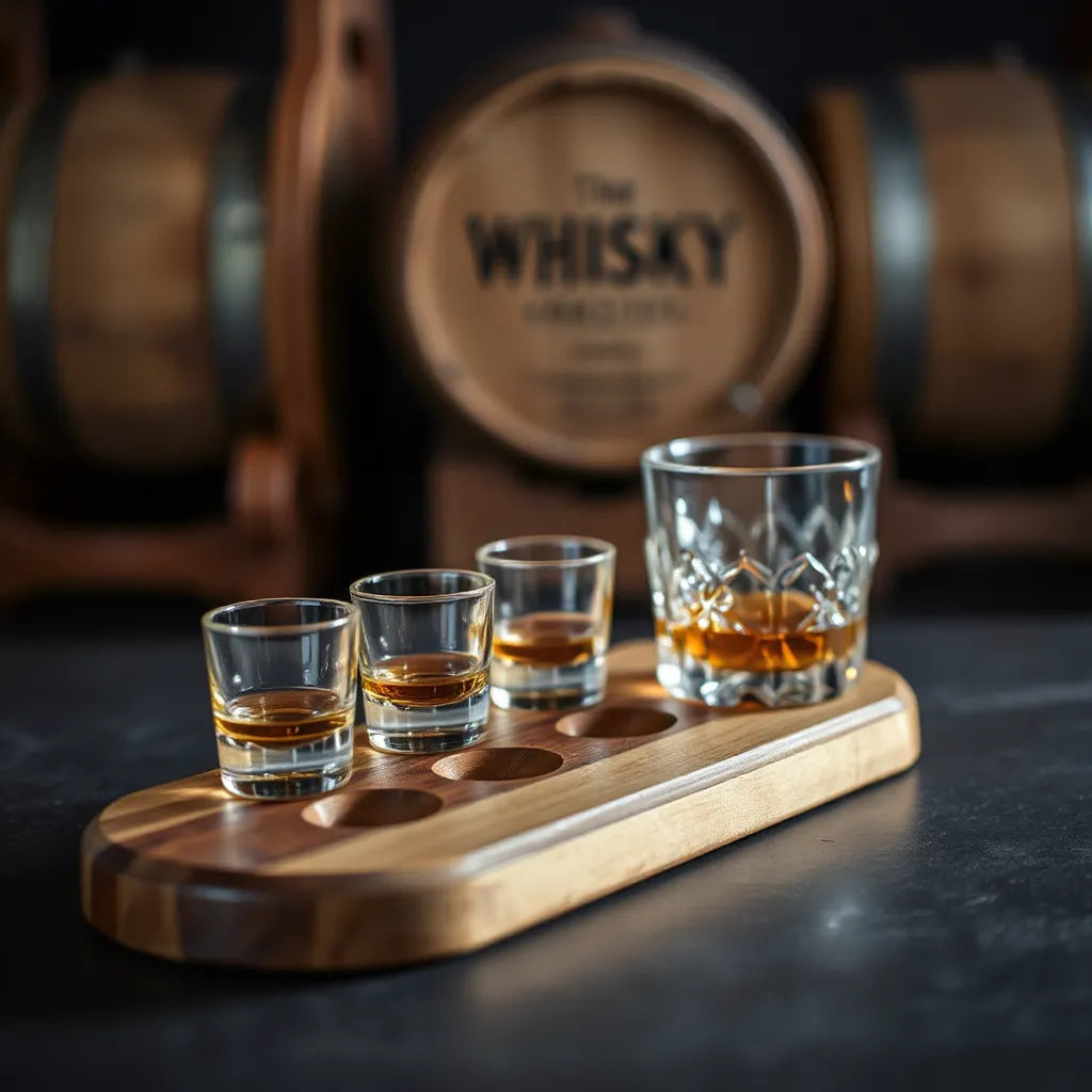 Three small whisky glasses with amber liquid on a wooden tasting board beside blurred casks and warm lighting
