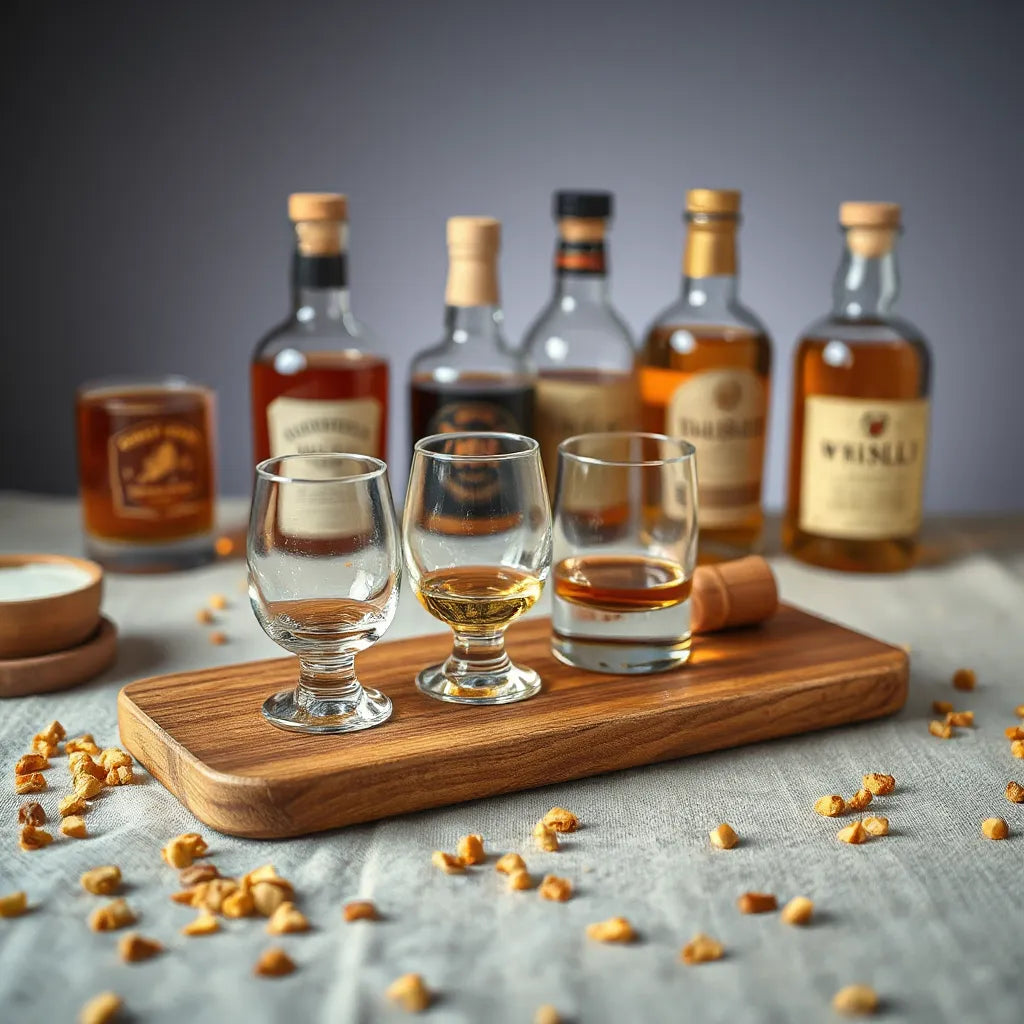 Wooden whisky flight with crystal nosing glasses, amber dram, and softly focused bottles in warm light