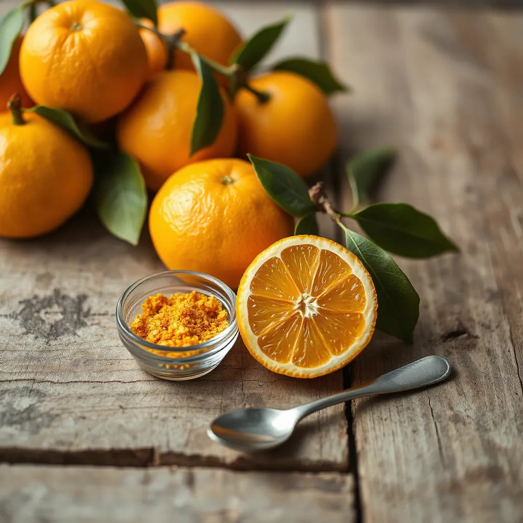 Seville oranges with visible zest on a wooden surface in warm natural light