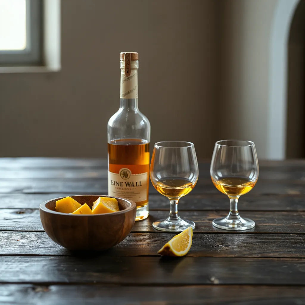 A whisky bottle and two glasses on a wooden table with tropical fruit for pairing inspiration