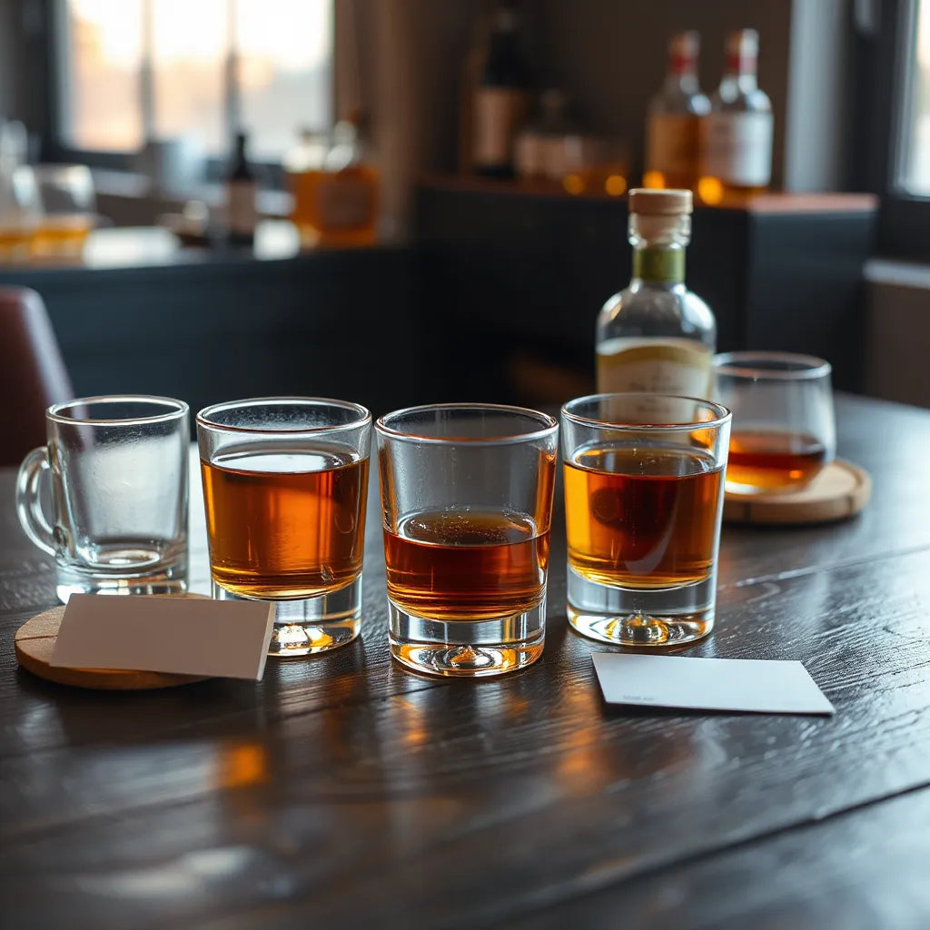 Three glasses of amber whisky on a wooden table with soft light and a blank tasting card
