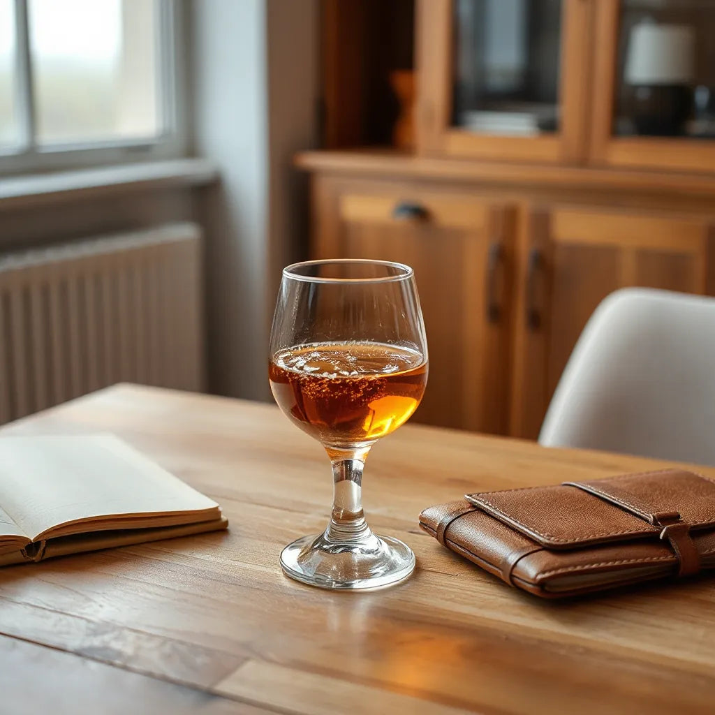 Amber Scotch whisky in a glass on a wooden table with warm lighting and minimal tasting accessories