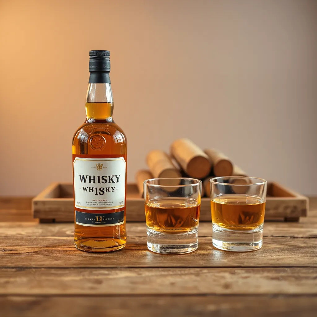 Blended malt whisky bottle and two amber glasses on a wooden table with warm cask-inspired background