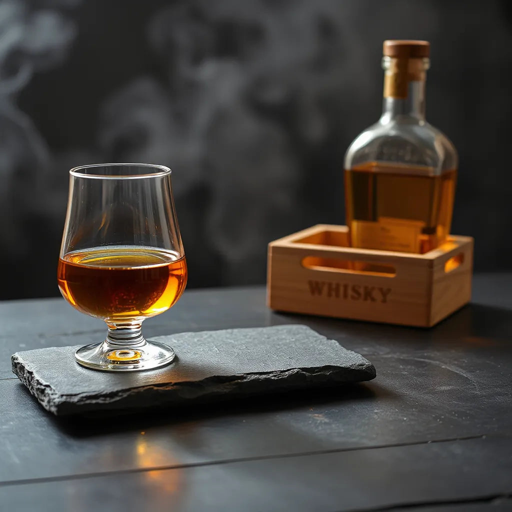 Amber dram in a glass beside a whisky bottle on a dark slate tabletop