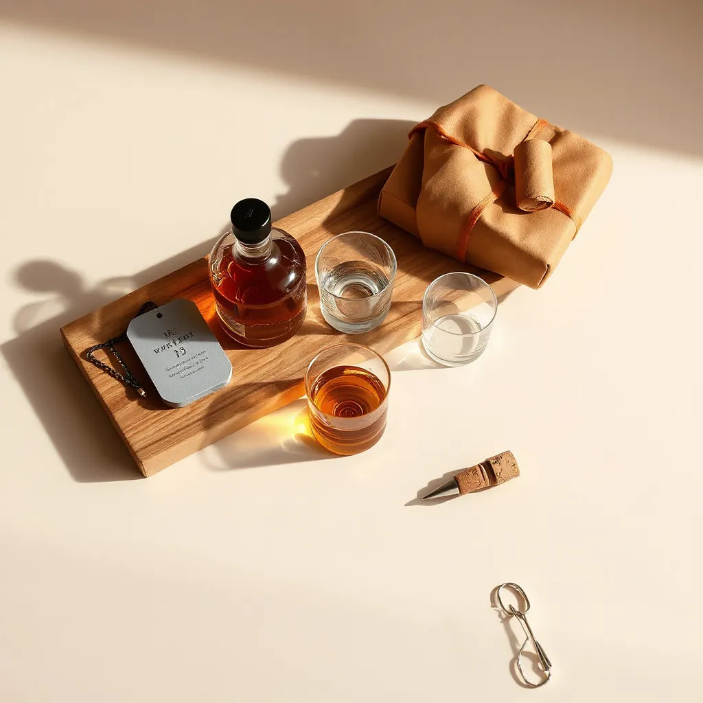 Whisky bottle and glassware arranged on a wooden gift tray with amber glow