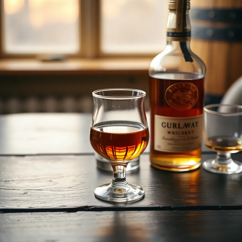 Amber whisky in a dram glass on dark wood with warm light and subtle barrel detail in the background