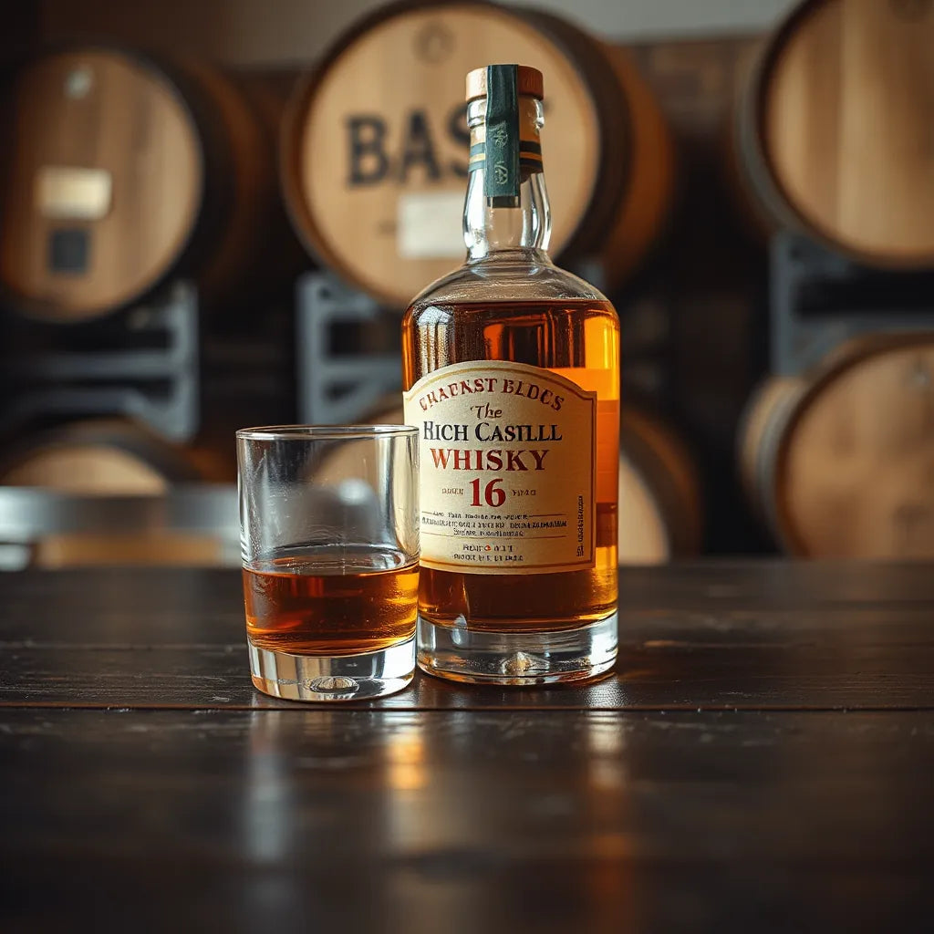 Amber whisky in a glass beside a bottle with warm light and softly blurred whisky barrels