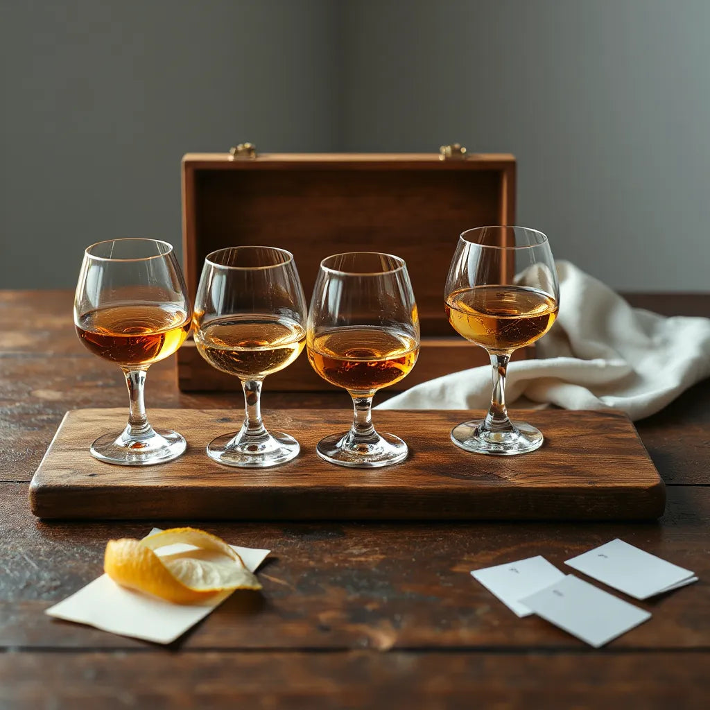 Three crystal glasses of amber spirits with citrus and a wooden tasting set on a dark oak table