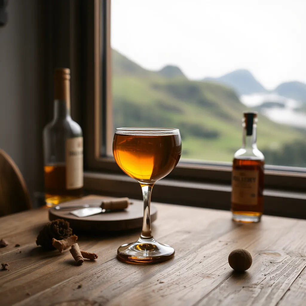 Amber Highland whisky in a glass with a softly blurred bottle and misty green Highlands landscape