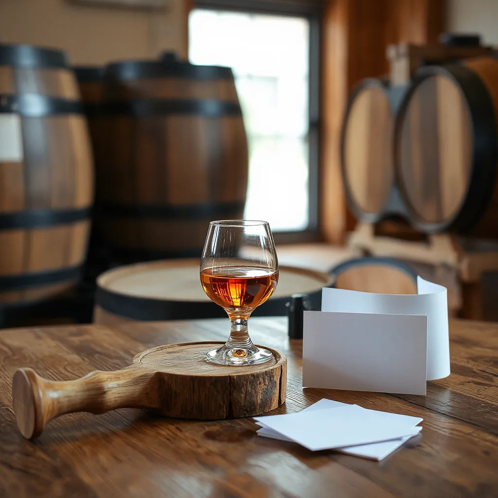 Tulip-shaped glass of amber artisan whisky on oak, with warm light and blurred casks in the background