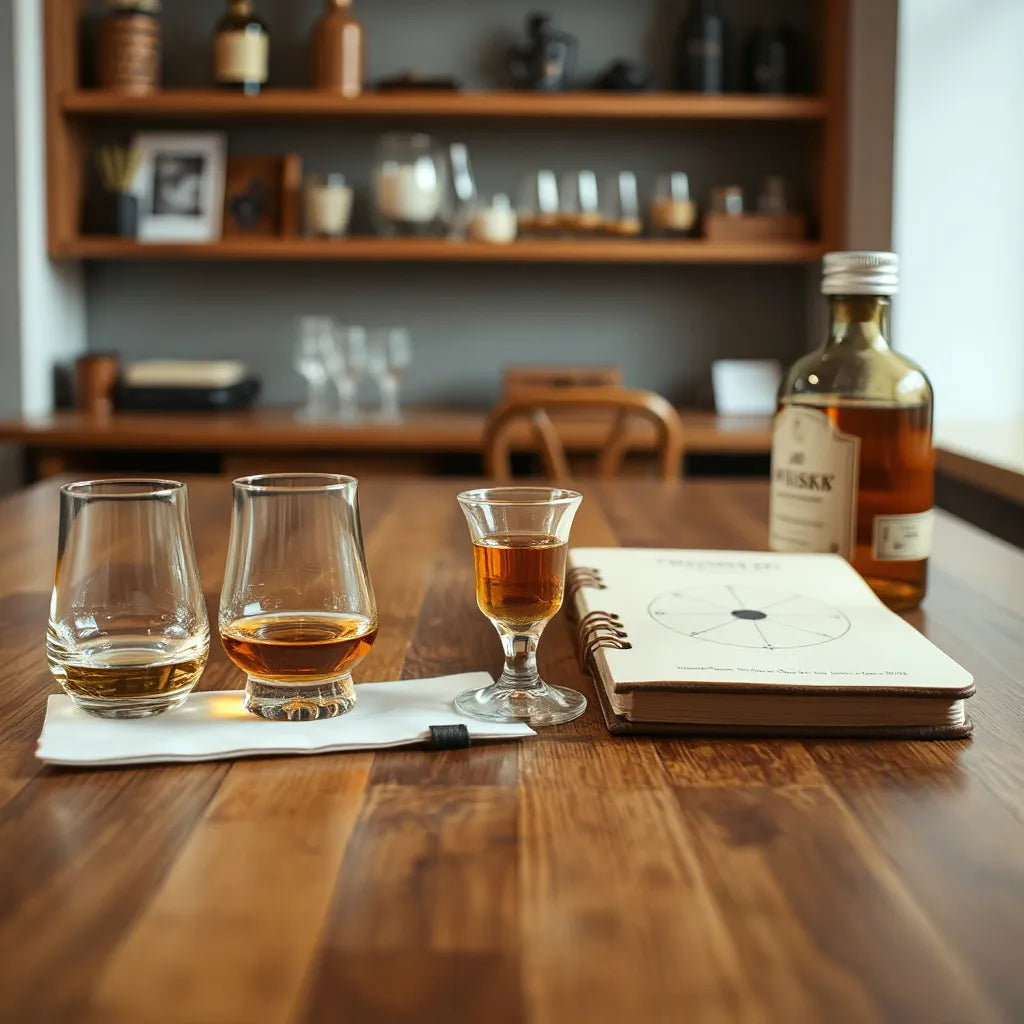 Amber whisky in small tasting glasses on a wooden table with a tasting journal and warm lighting
