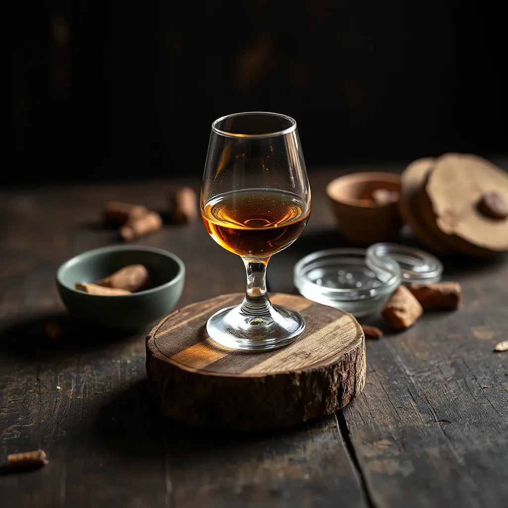 A tulip glass of amber Irish whiskey on a wooden table with warm light and soft background blur