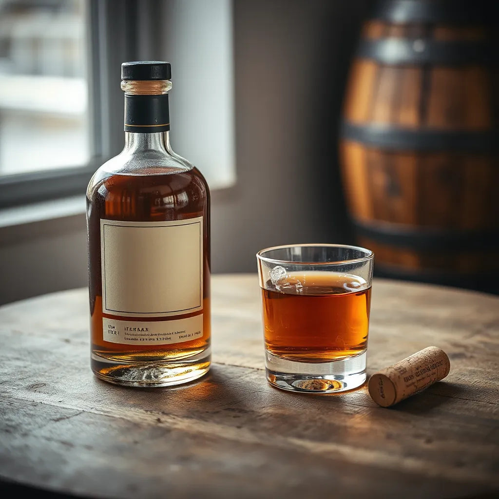 Amber whisky in a tumbler beside a whisky bottle on a warm wooden table