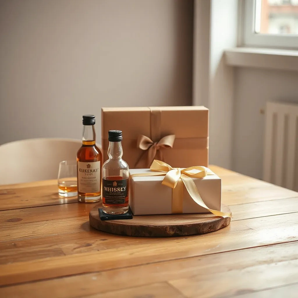 Whisky gift set assortment with two bottles, a tasting glass, and an elegant gift box on a wooden table