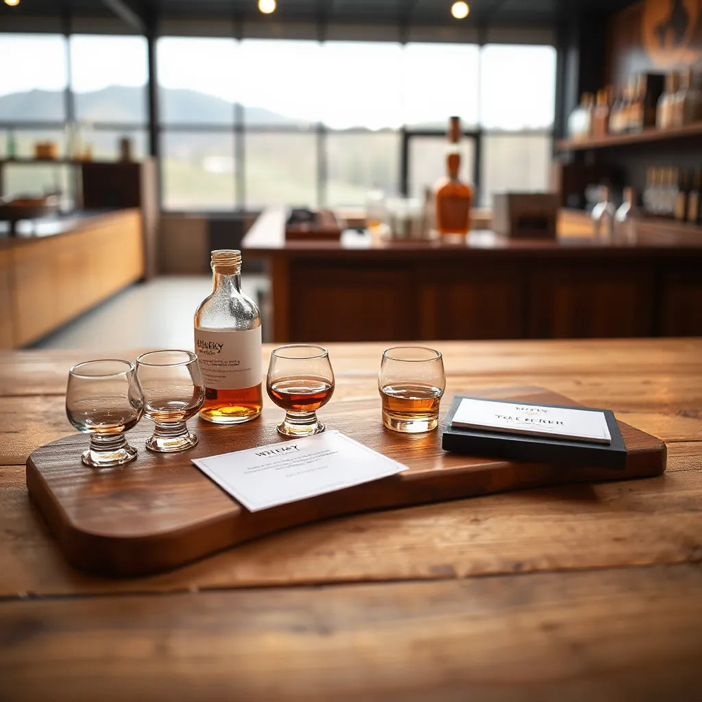 Neatly arranged whisky tasting kit with small glasses and amber whisky samples on a wooden table