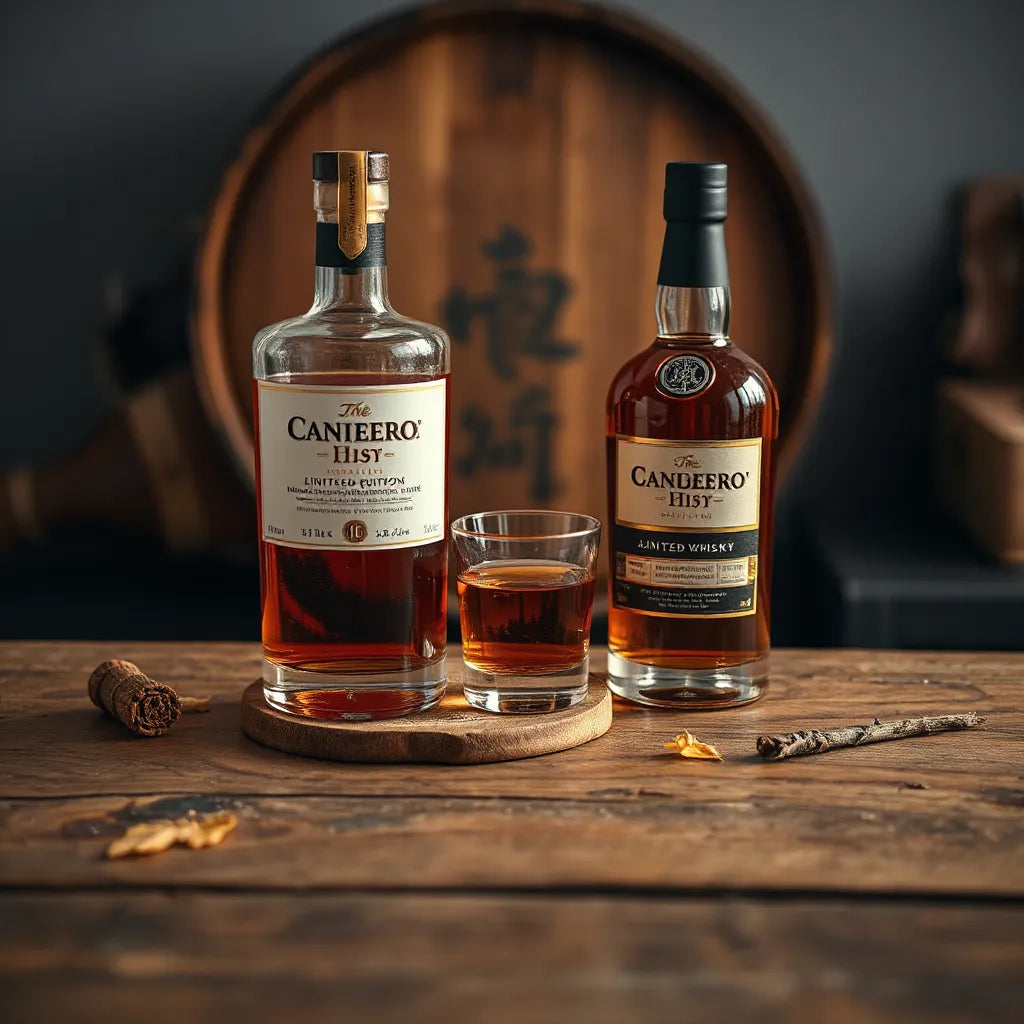 Amber whisky bottle and a single dram in a tumbler on a wooden bar with warm, soft lighting