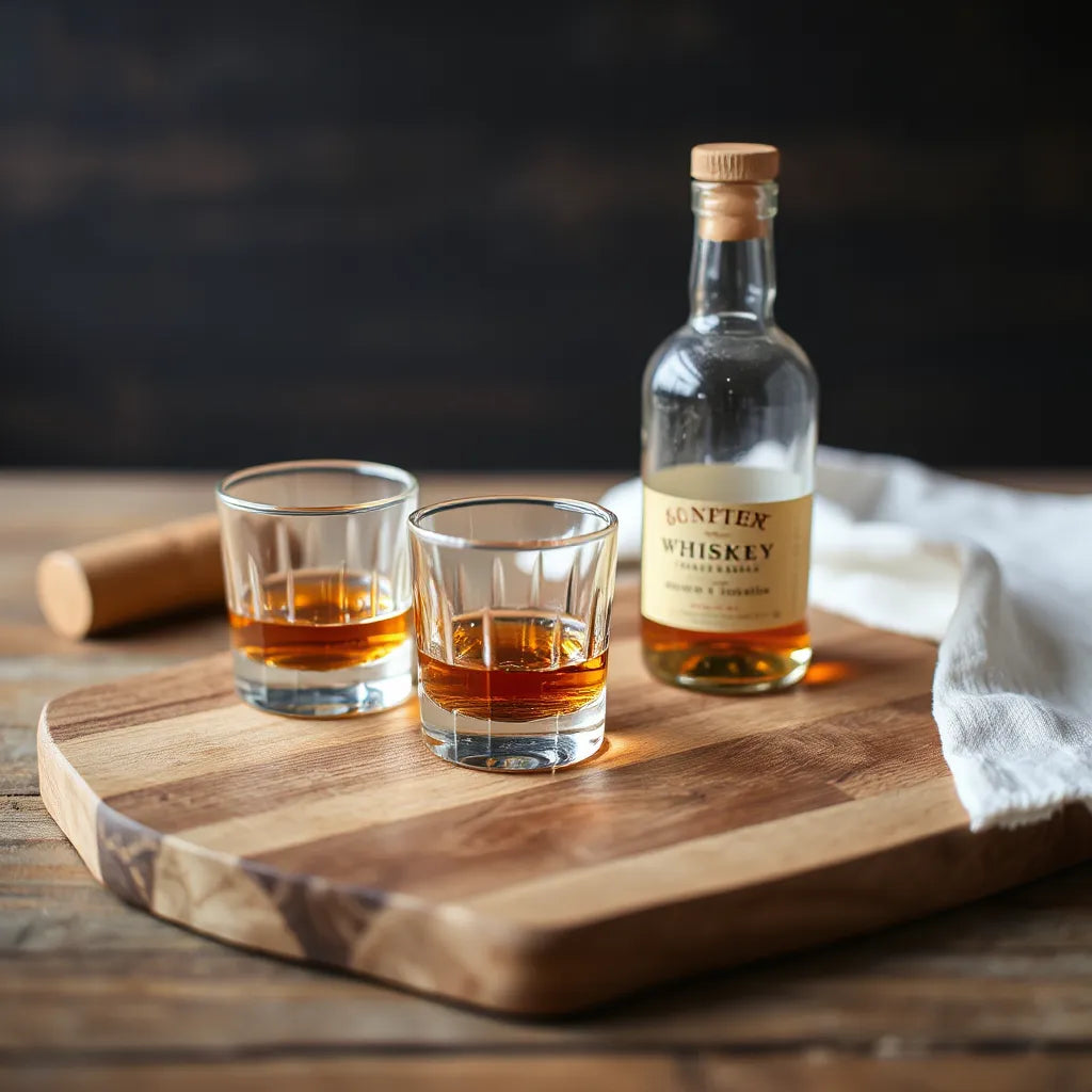Two crystal tumblers and a closed whisky bottle on a wooden board with soft amber lighting