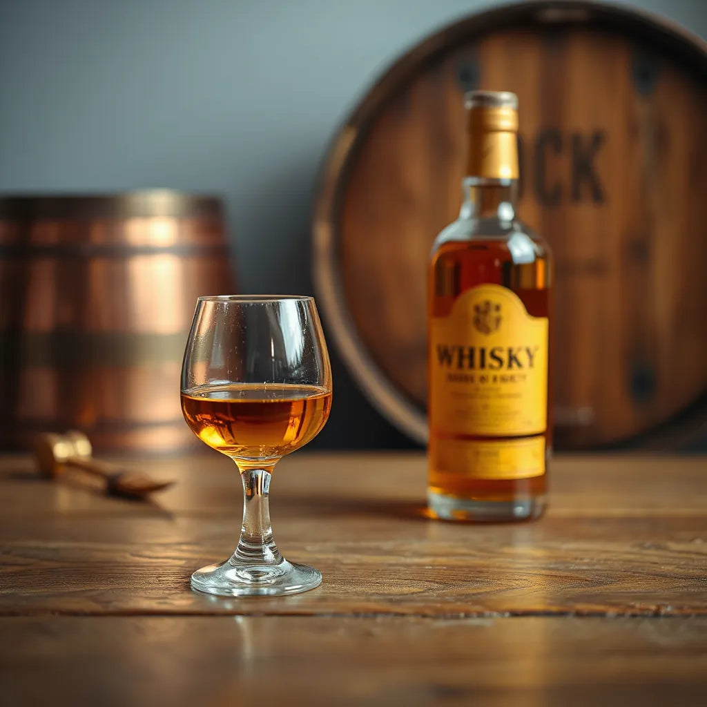 Amber whisky in a dram glass with warm bottle lighting and softly blurred oak barrel tones in the background