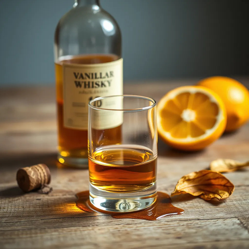 Glencairn glass of amber single malt whisky with a soft-focused bottle on a warm wooden tasting table