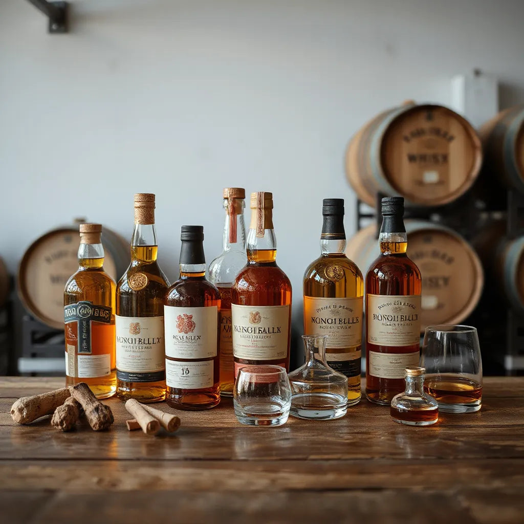 Assorted whisky bottles with amber liquid on a wooden bar, softly lit with blurred barrels in the background