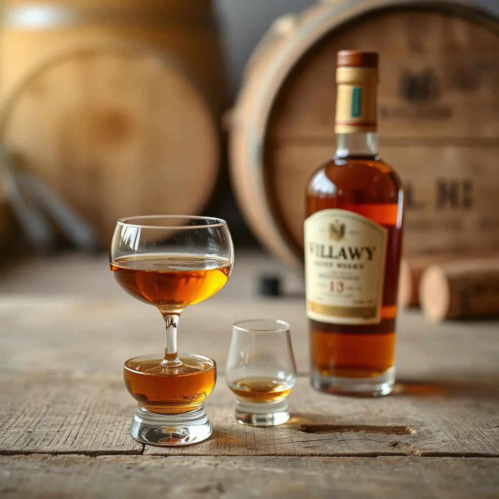 Amber whisky in a glass with warm oak-toned background elements suggesting doublewood maturation