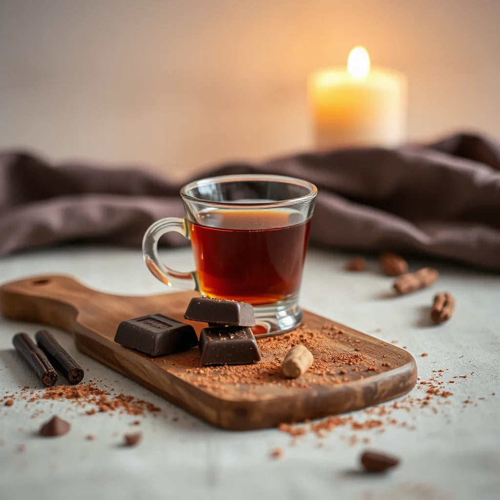 Dark chocolate squares and cocoa powder beside a warm amber drink in soft candlelight