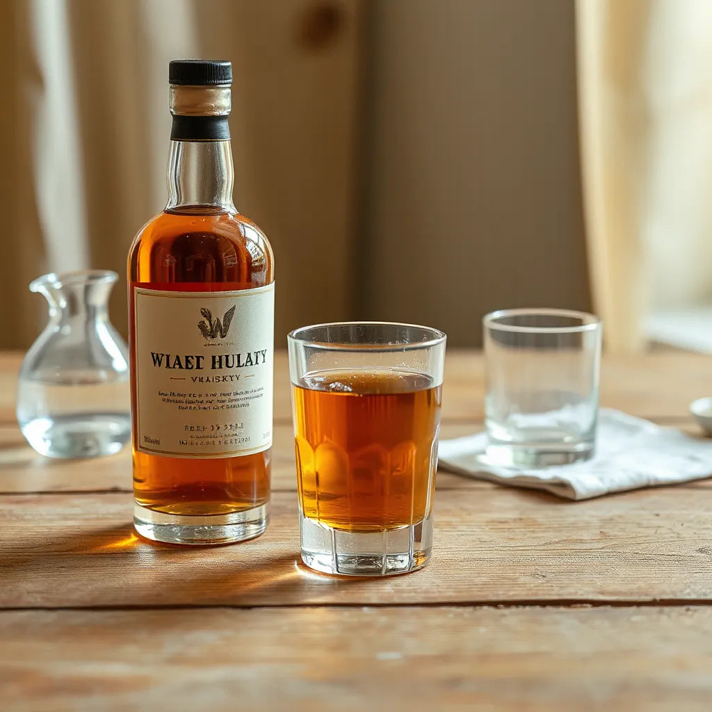 Single malt whisky bottle and tumbler with warm amber lighting on a wooden table