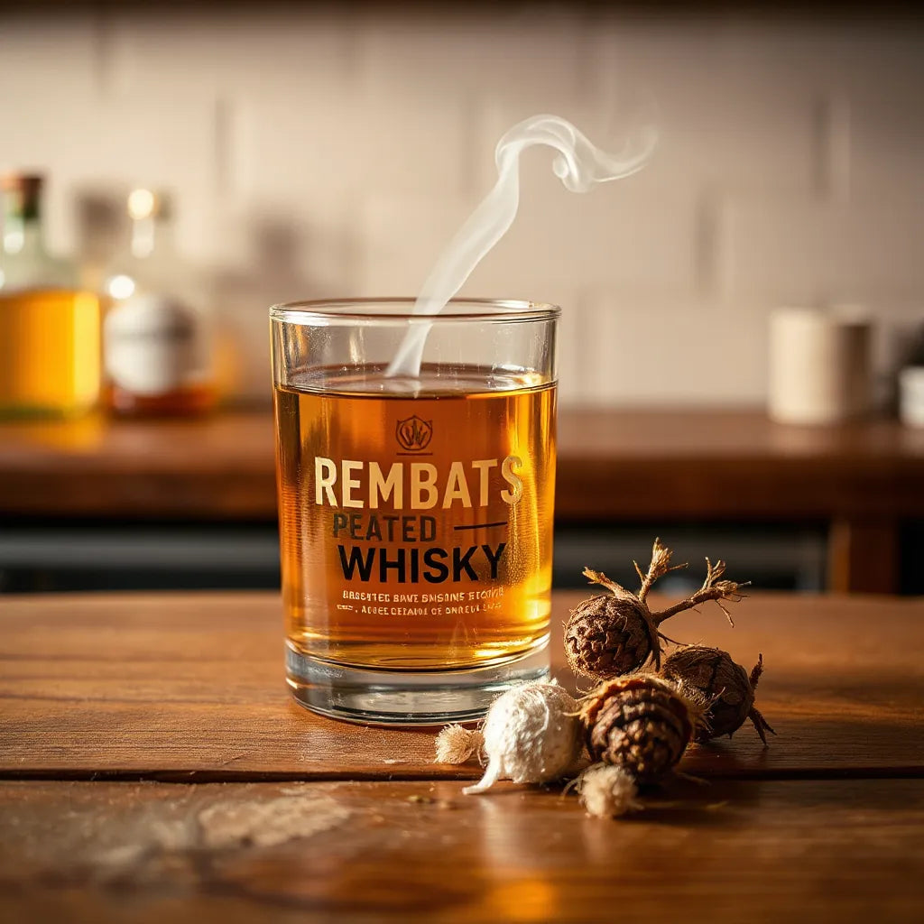 Amber dram of peated whisky in a glass with subtle smoke and wooden bar background