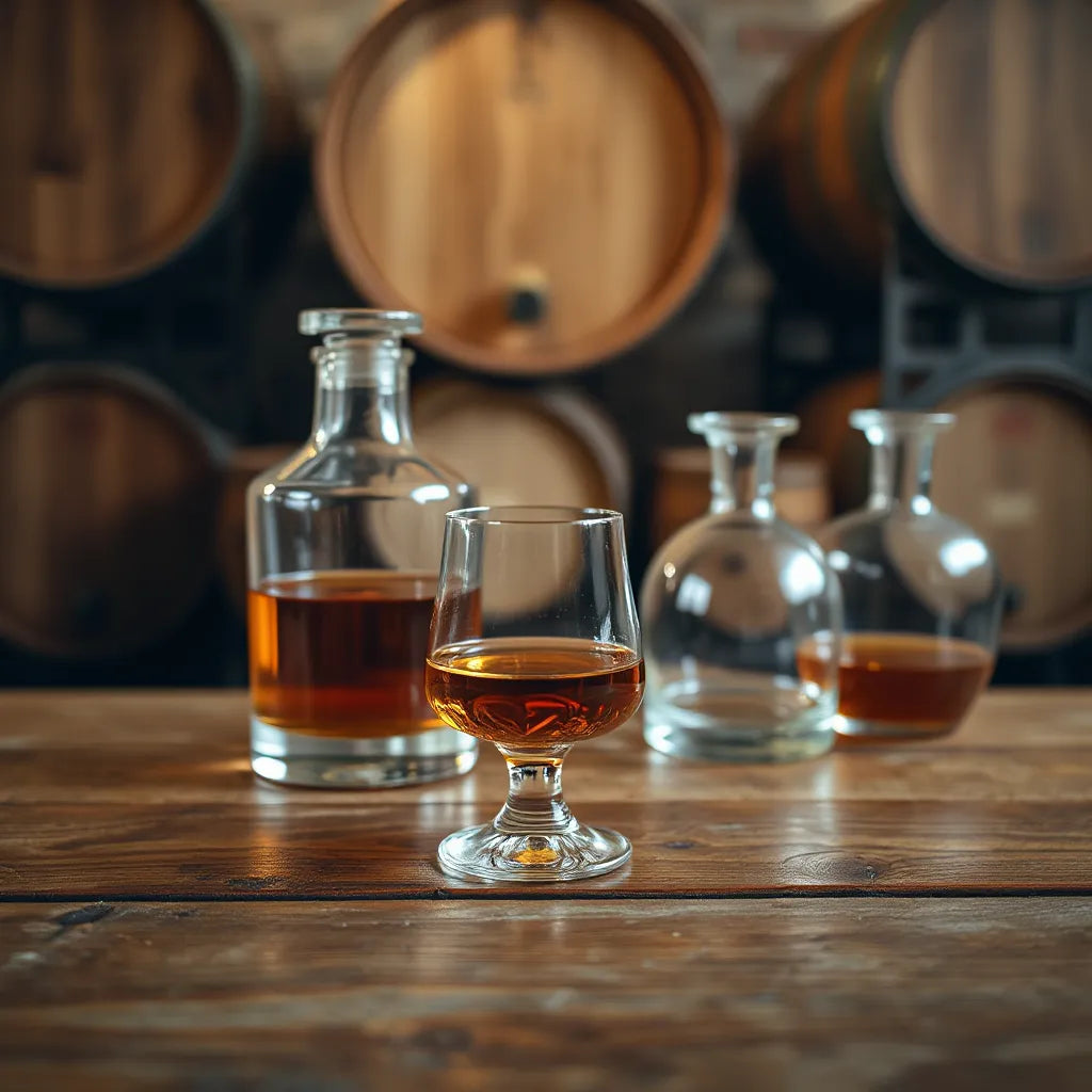 Amber whisky in a glass with warm light, alongside oak barrels in a softly blurred background