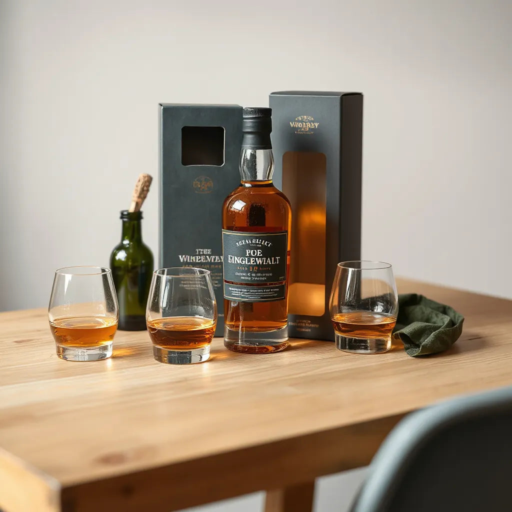 Dalmore 12 bottle and presentation box with two small whisky glasses on a light oak table