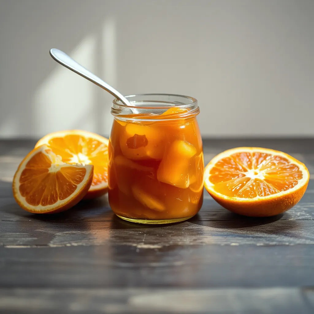 Spoon in a glass jar of orange marmalade with visible citrus segments and warm amber light