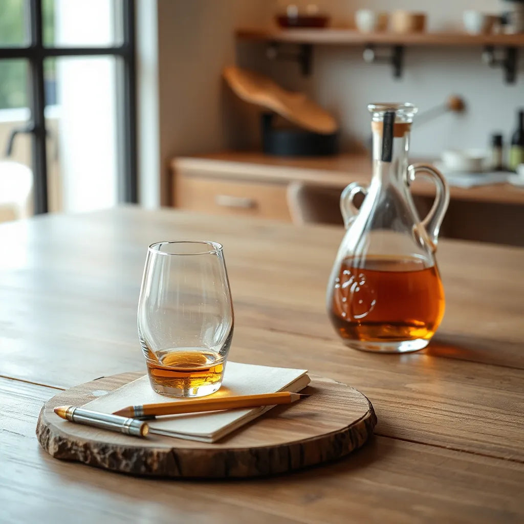 Two tulip whisky glasses on a wooden table with amber whisky and a tasting notebook
