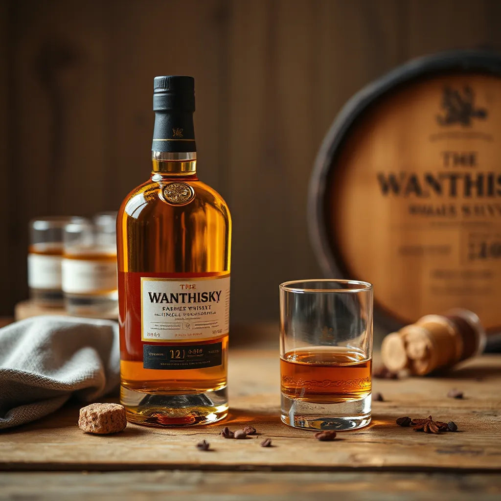 Macallan-style single malt whisky bottle and dram glass with amber liquid on a wooden table