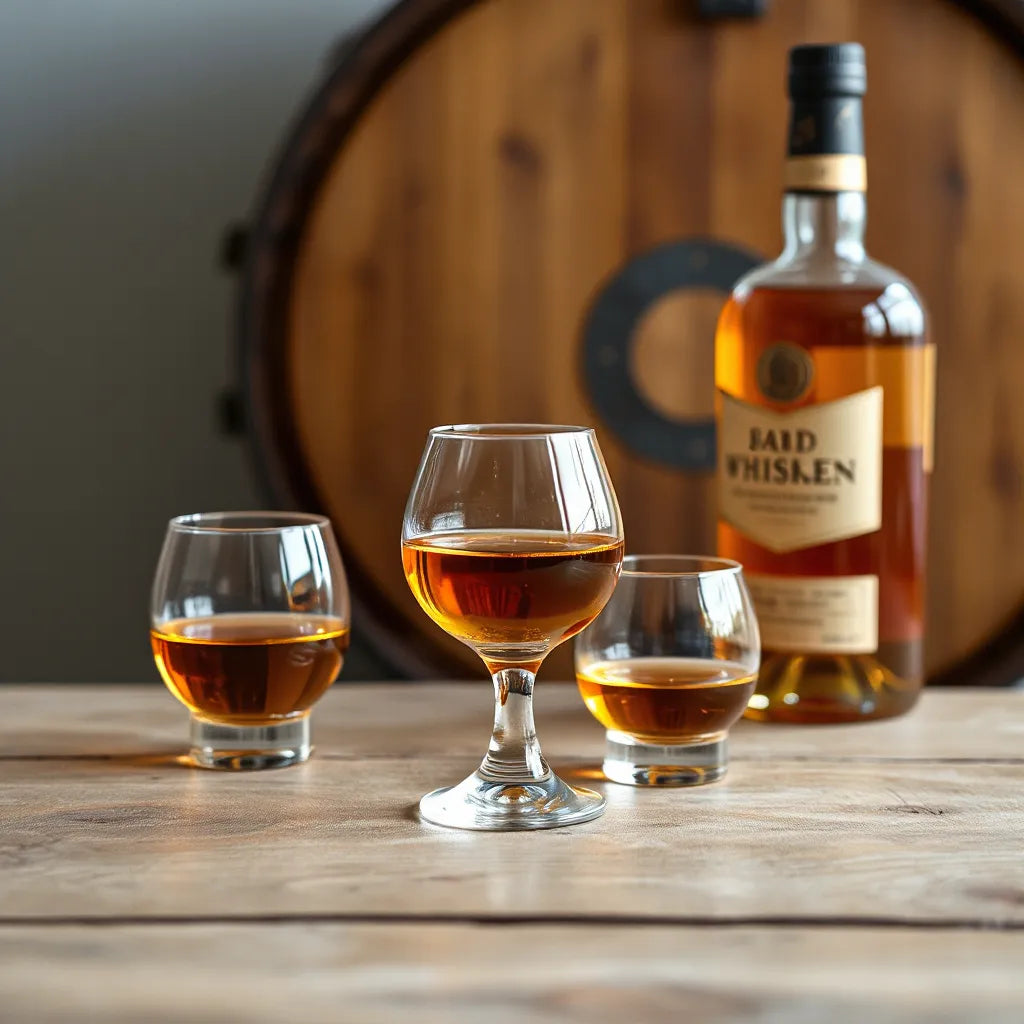 Amber Scotch in a tulip glass with a second tasting glass on a wooden table, warm light and soft background bottle