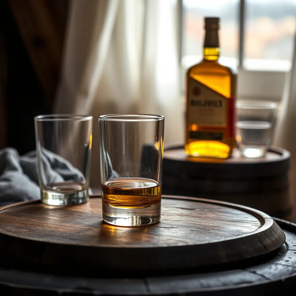 A glass dram of amber single malt Scotch on a wooden barrel with warm golden lighting