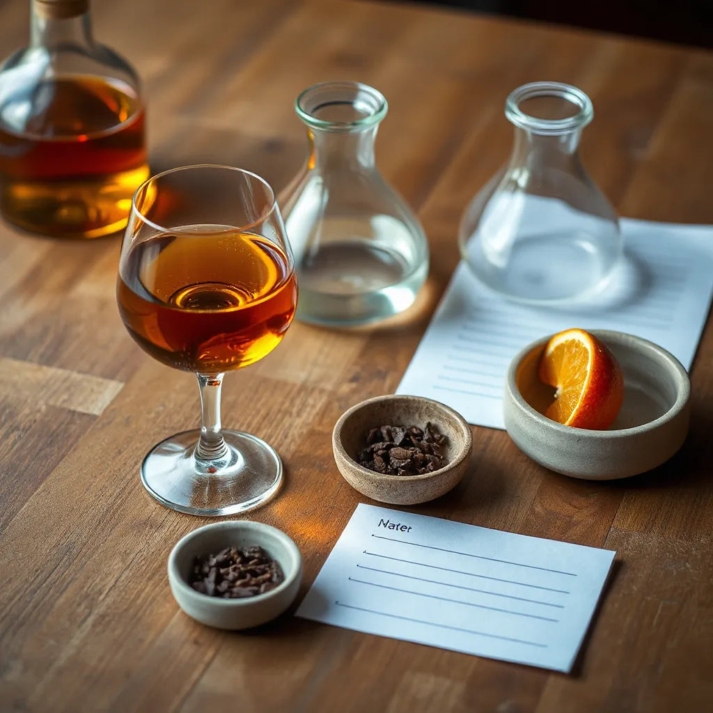 Tulip glass of amber whisky with tasting items on a wooden table under warm light
