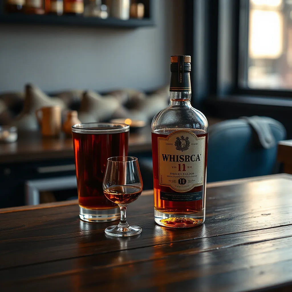 Elegant whisky bottle and dram glass with warm amber liquid on a dark wooden bar
