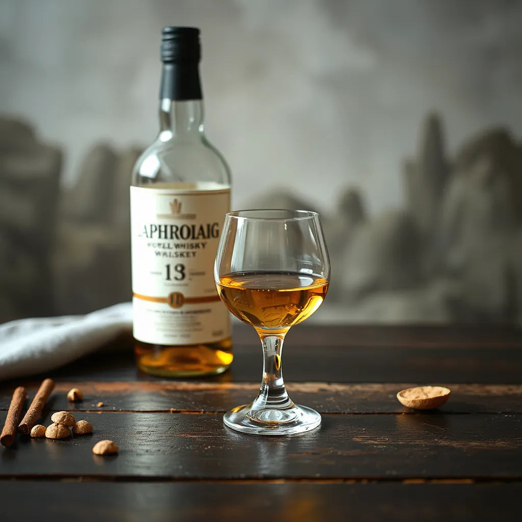 Amber dram in a glass with a whisky bottle nearby on a dark wooden surface