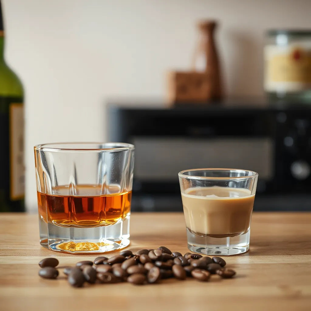 Amber whisky in a glass beside espresso cup and coffee beans on a warm bar counter