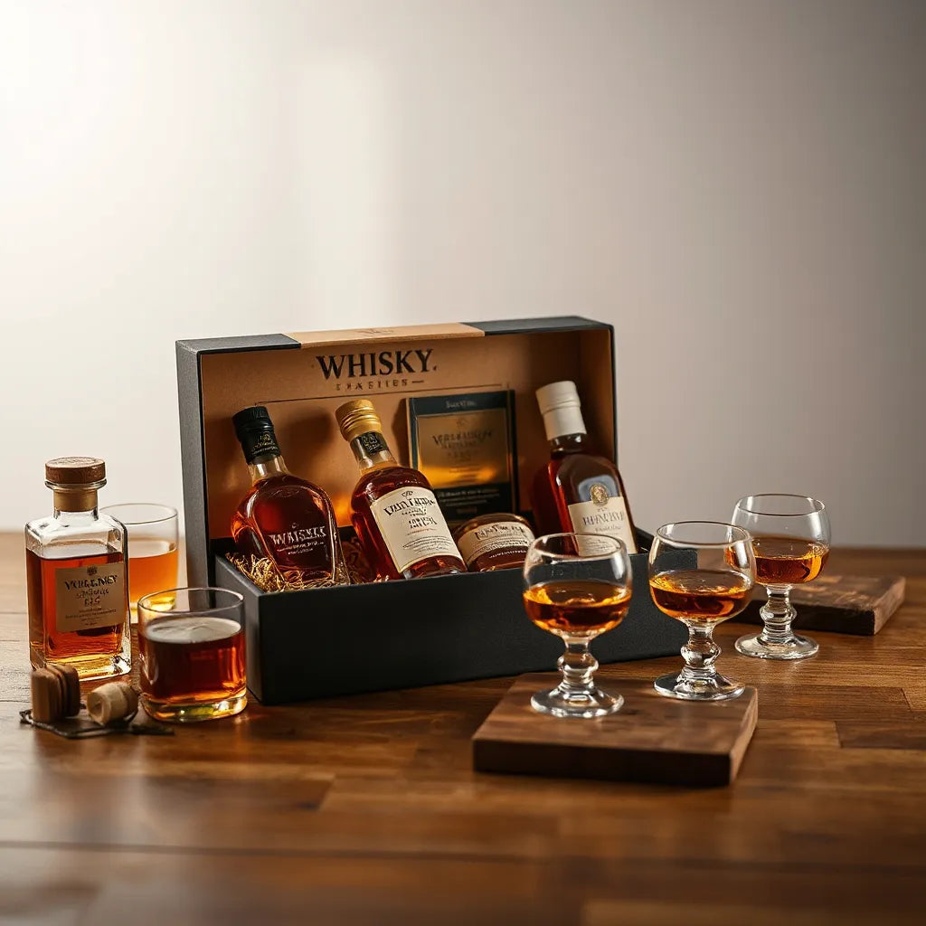 Premium whisky tasting gift box with glasses and small bottles of amber whisky on a wooden table