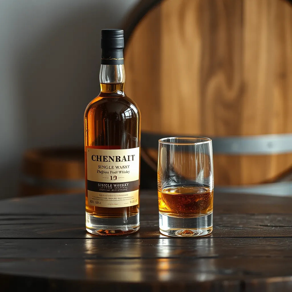 A single malt whisky dram in a glass on dark wood with warm amber lighting and a bottle nearby