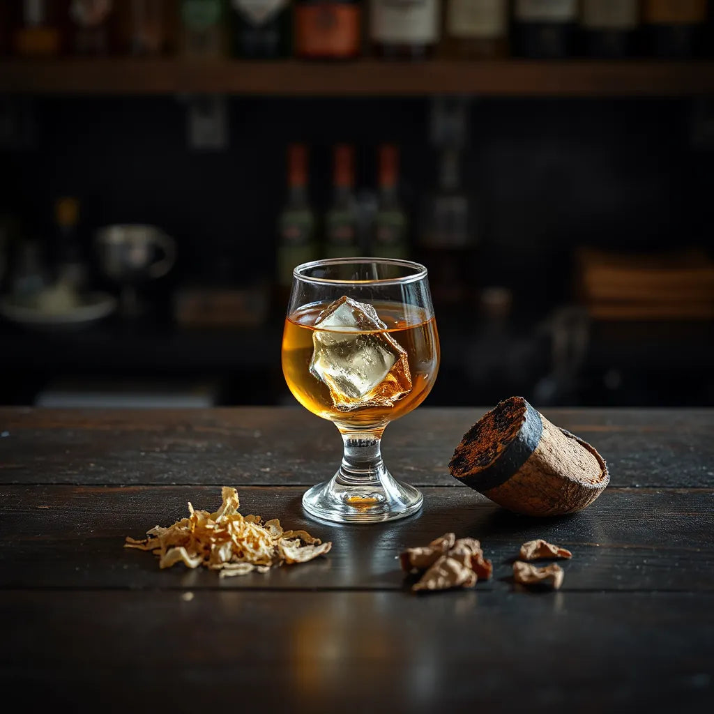 A dram of whisky in a glass with subtle smoke tones and peat-stained wood on a dark bar surface